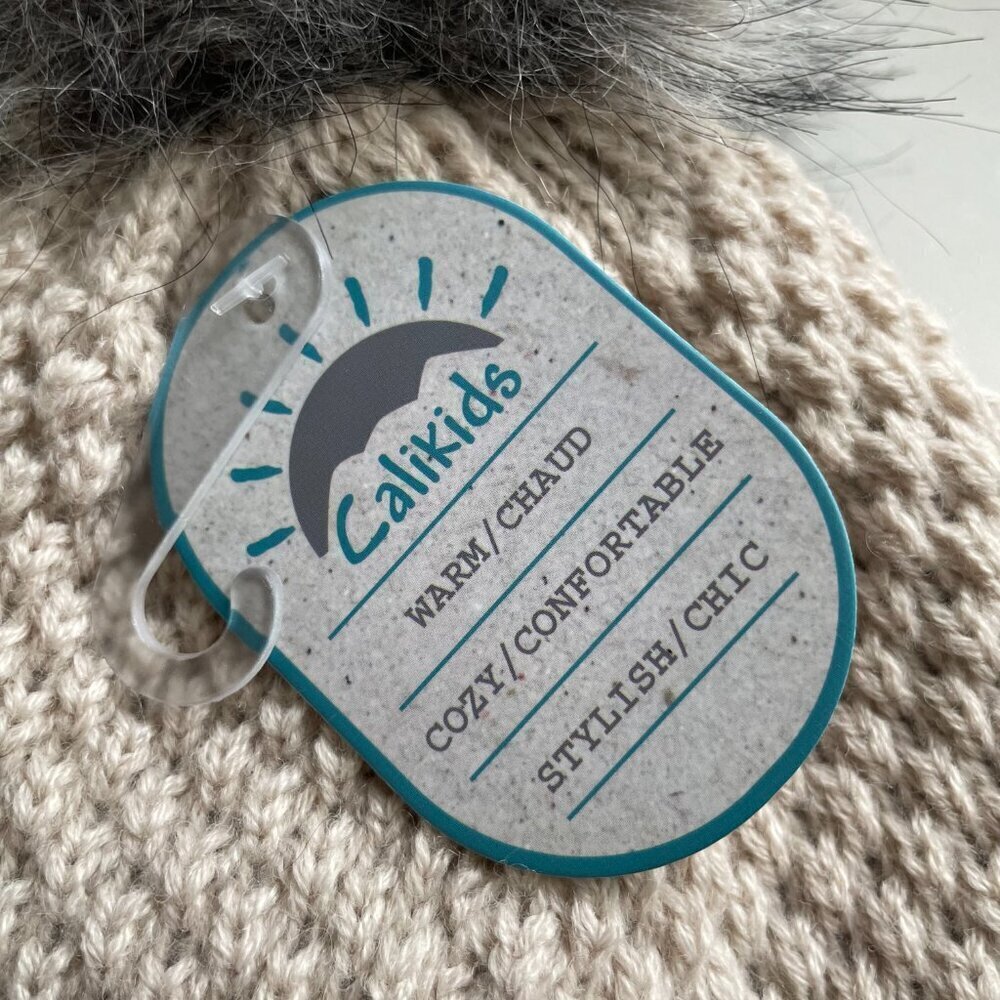 CaliKids Fleece Lined Wool Blend Knit Toque/Hat Pom Pom Soft Grey/Taupe Junior - Picture 5 of 9